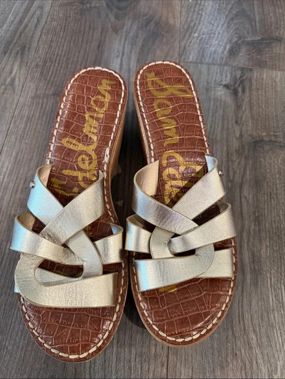SAM EDELMAN Gold Leather Raynere Cork Platform Slide Sandal Sz 8